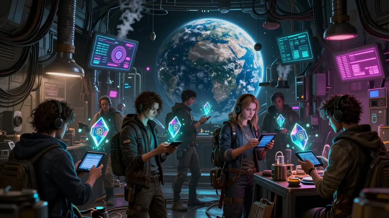 Cyberpunk underground market where traders exchange credits for holographic stablecoins via datapads