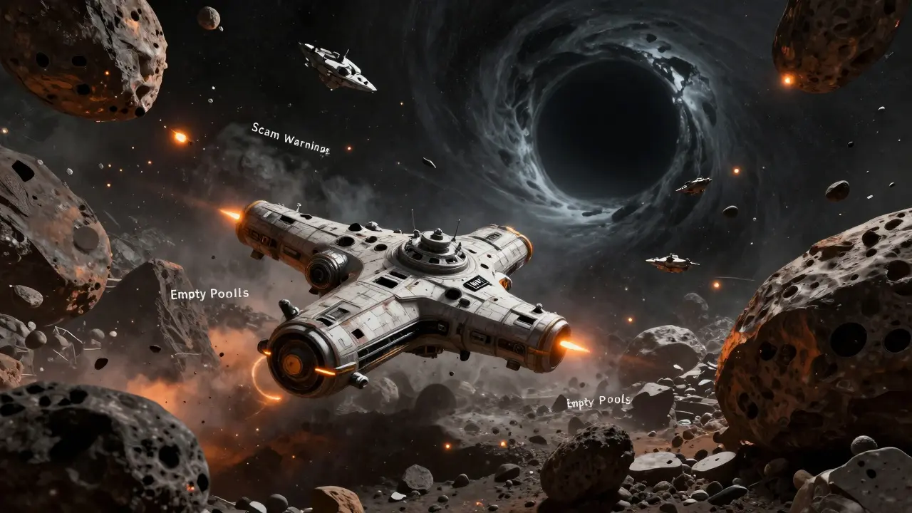 Damaged spaceship navigating dangerous asteroids representing the risks of trading UniWorld tokens.