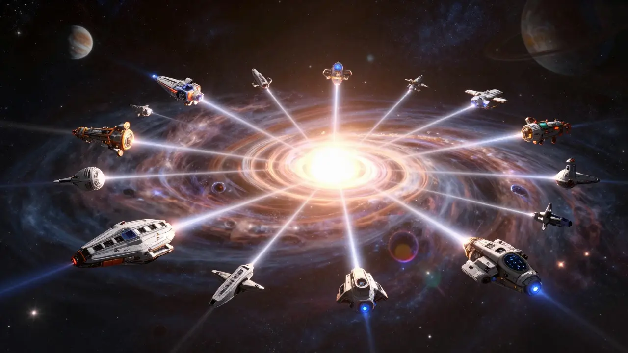 Diverse spaceships syncing via light beams in a decentralized galaxy