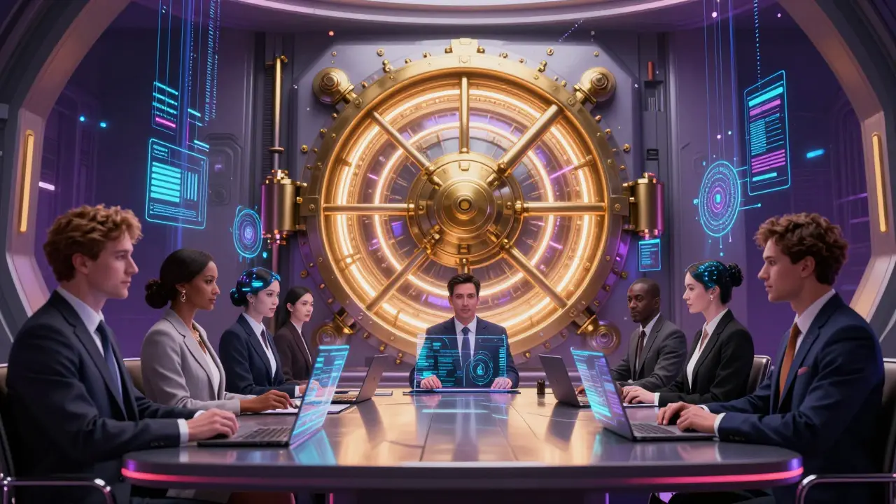 Executives in a zero-gravity room facing a glowing vault with complex locks, representing capital and KYC requirements.