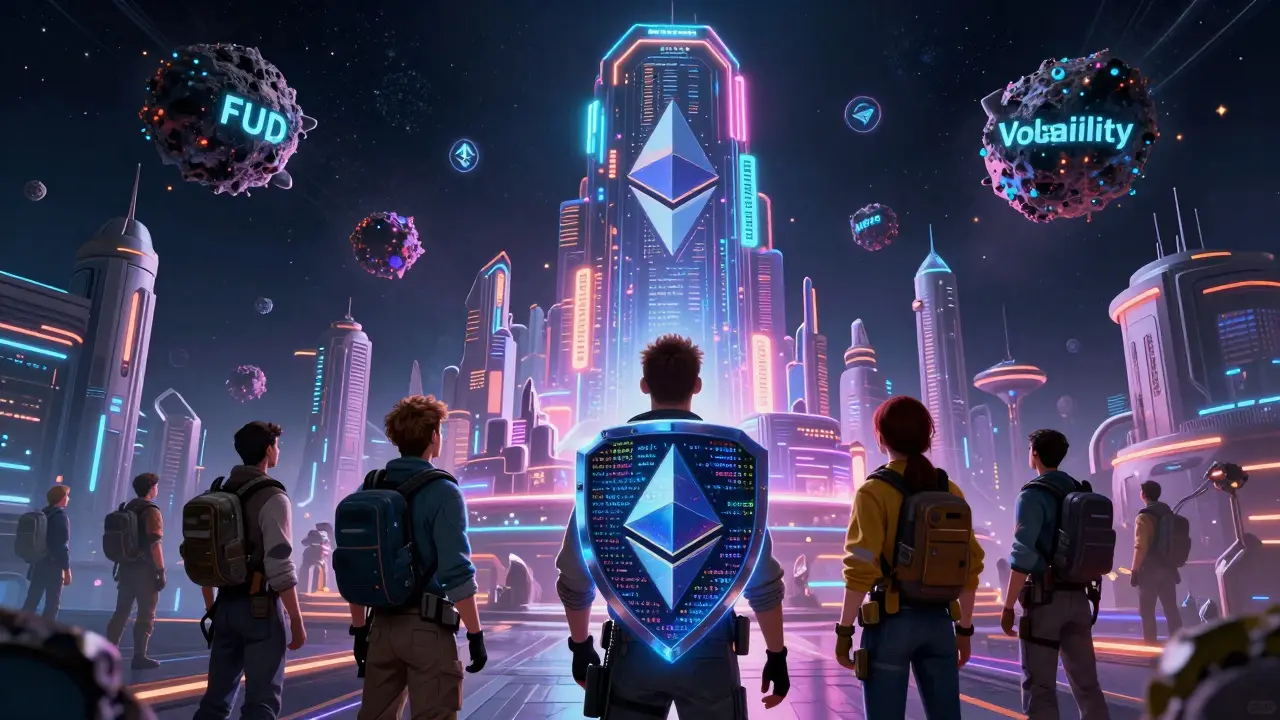 Explorers on an orbital city platform protected by a code shield from space debris.