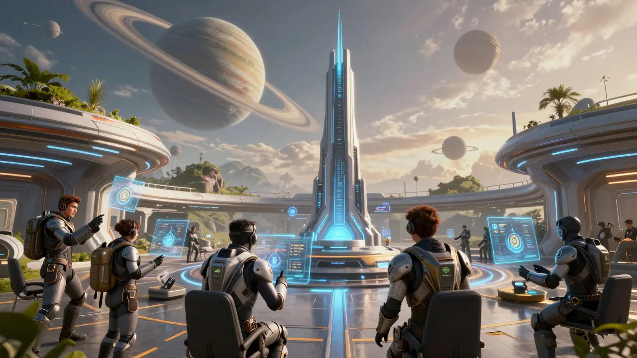 Futuristic gamers earning rewards at a sci-fi guild hub