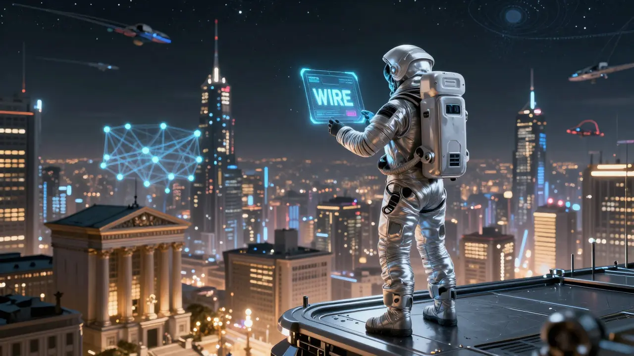 Futuristic hybrid financial cityscape