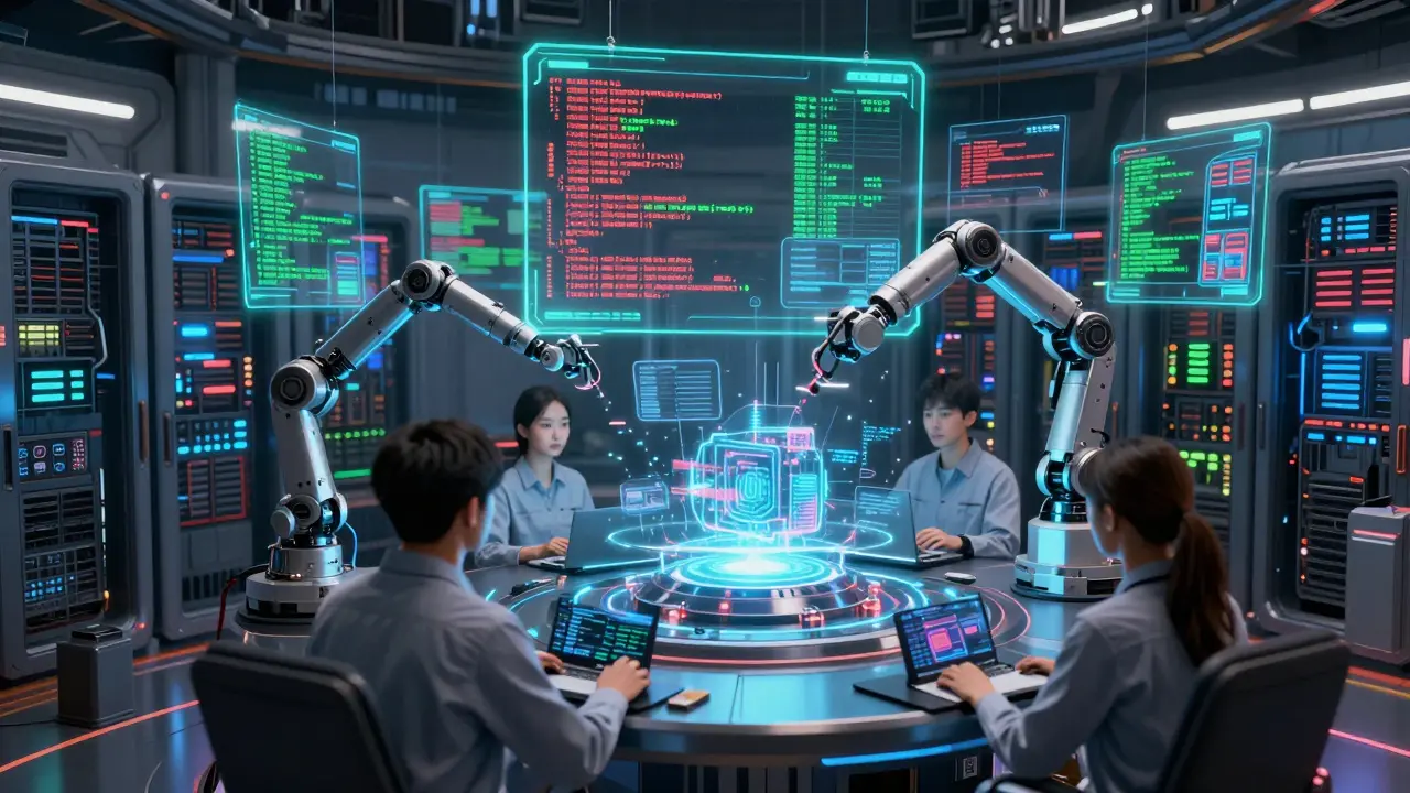 Futuristic server room with holograms validating code in a sci-fi setting