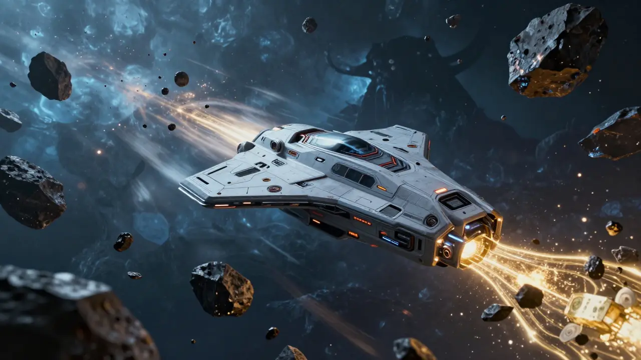 Futuristic ship freezing asteroids in space to symbolize asset recovery
