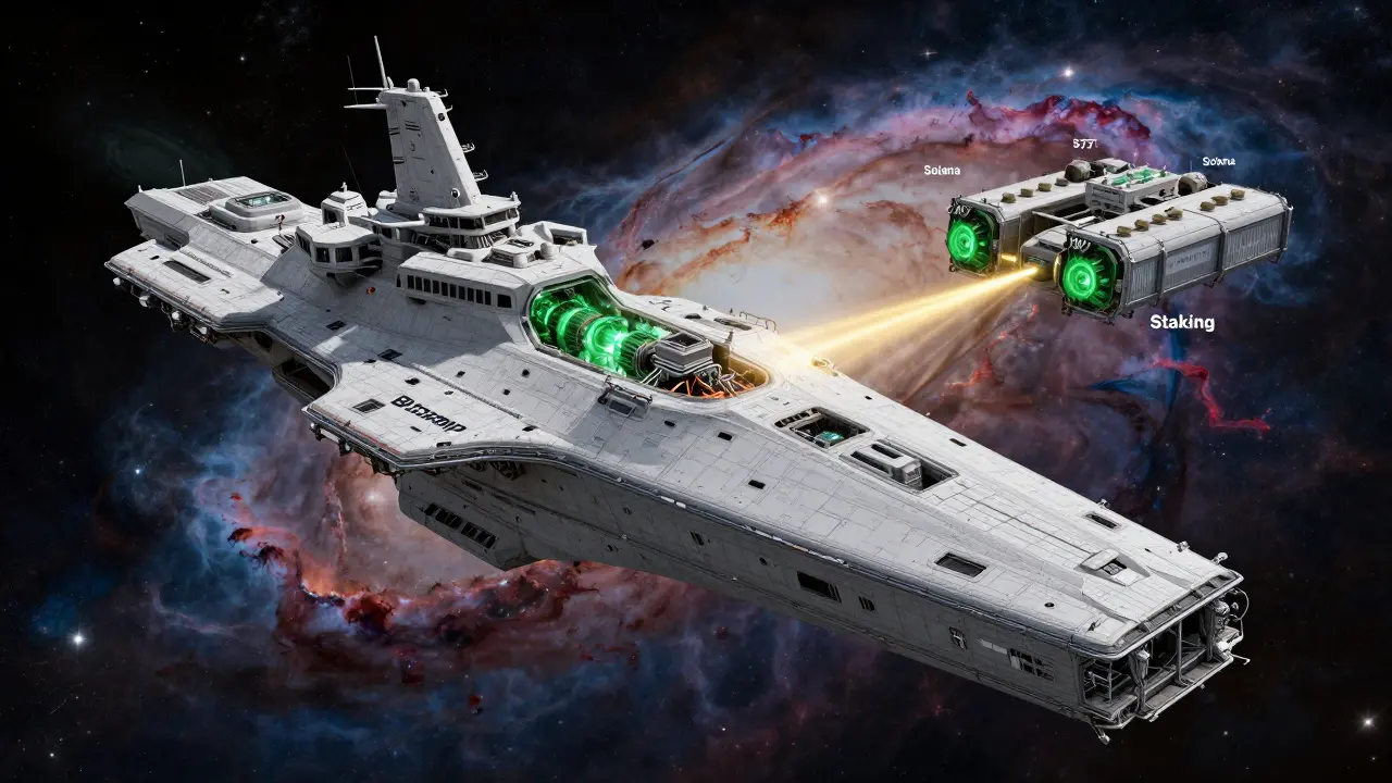Futuristic spaceship upgrade adding new crypto bays and green propulsion