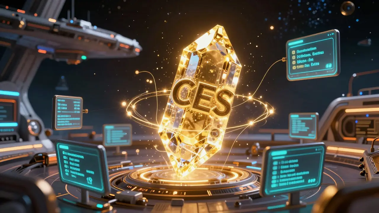 Glowing CES crystal token surrounded by trading modules in a sci-fi space station.