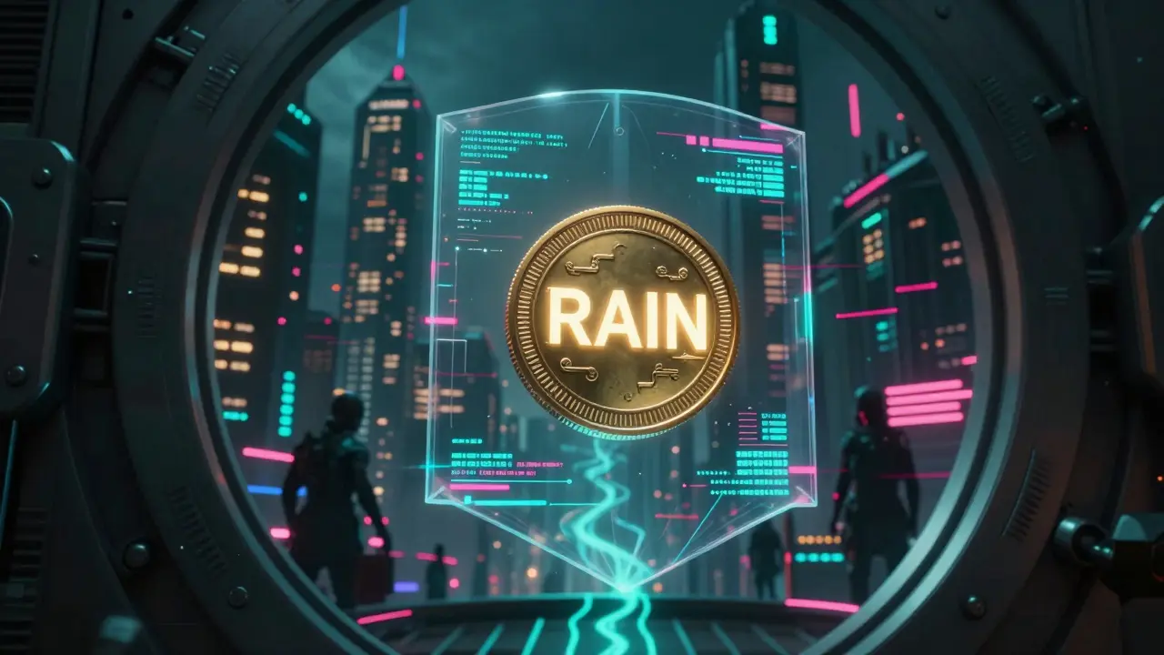 Glowing crypto token secured behind a digital forcefield