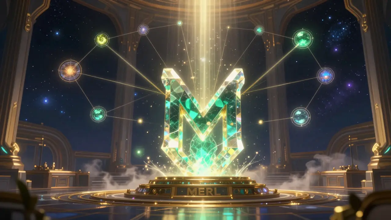 Glowing MERL token crystal powering a galactic network map