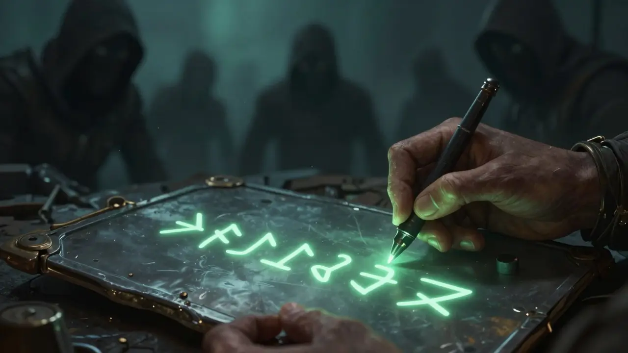 Hands writing glowing runes on metal slate from shadows