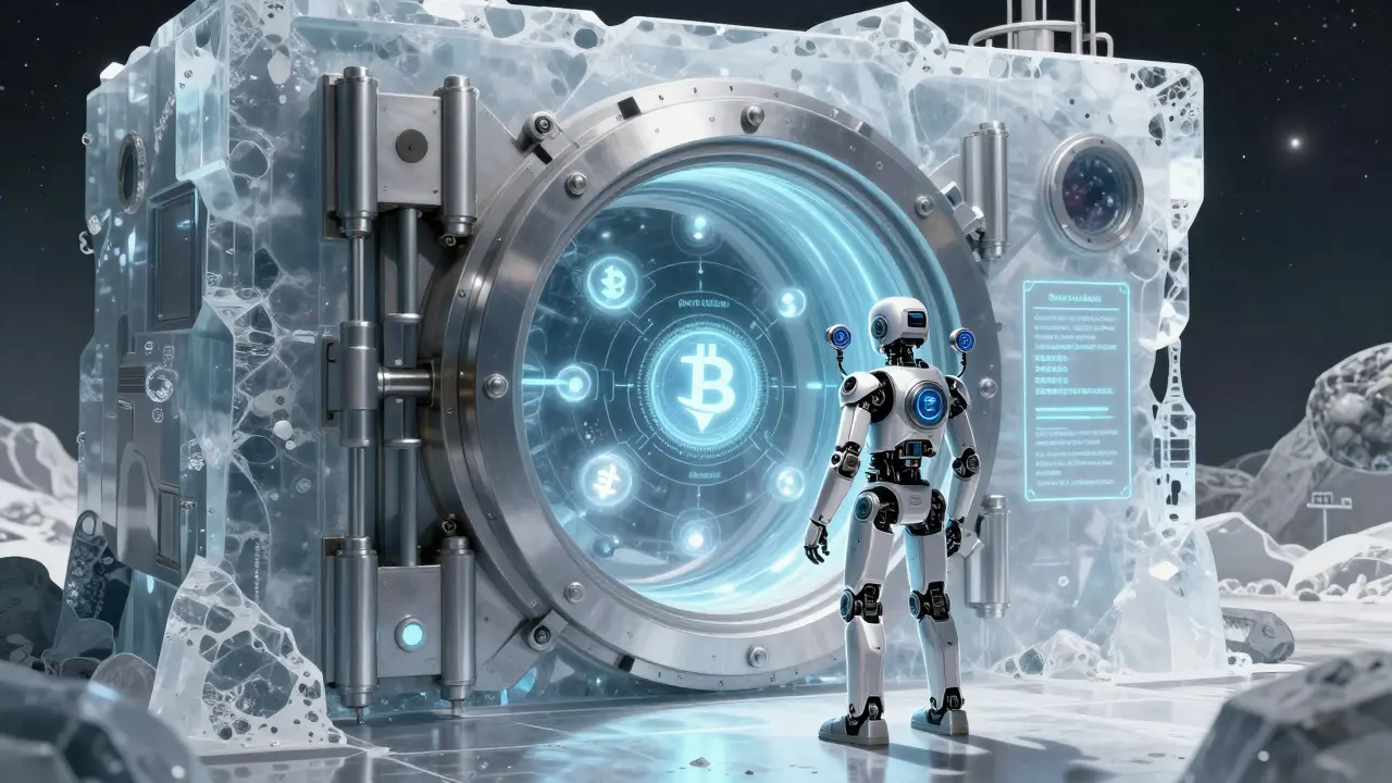 High-tech vault with glowing crypto orbs, representing secure cold storage.