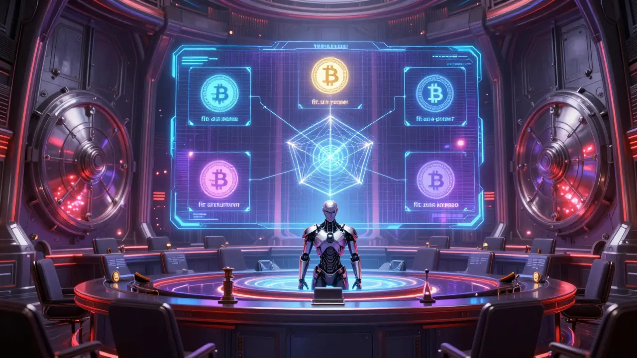 Holographic licensing chamber sorting crypto assets under strict robotic supervision.