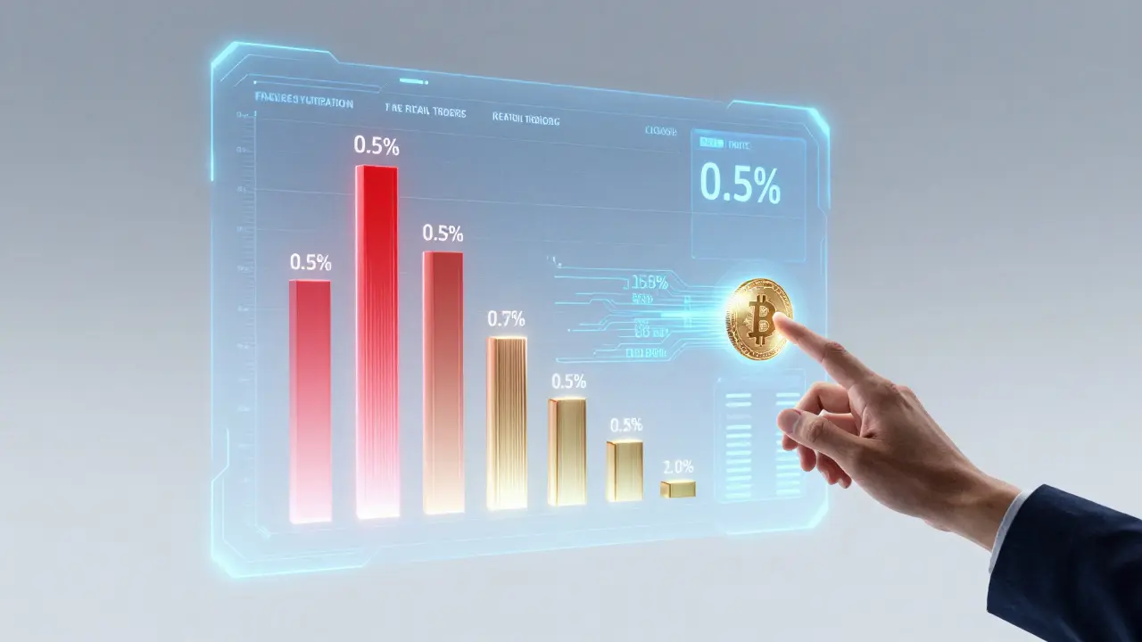 Holographic trading interface showing tiered fees and secure crypto assets