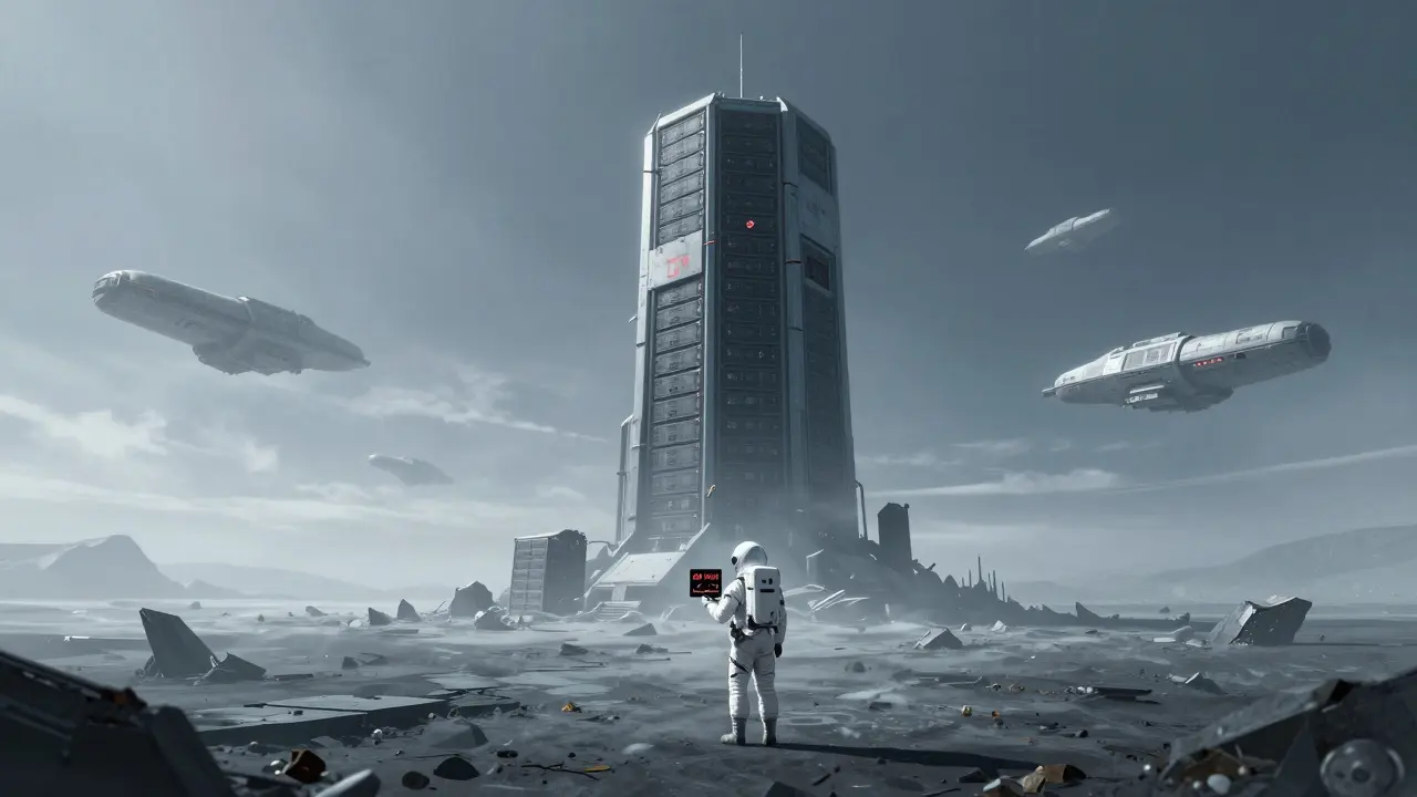 Lone astronaut viewing missing data on alien planet