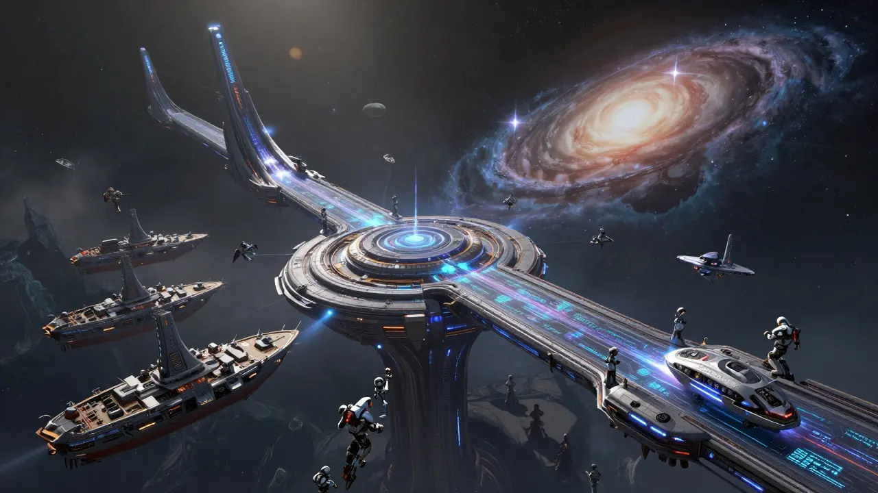 Massive interstellar bridge connecting galaxies for cross-chain crypto trading.