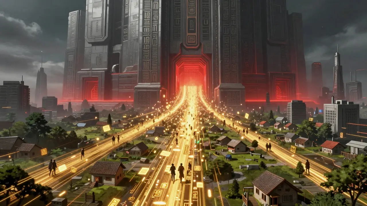 Monolithic government structure blocking sky while golden digital funds flow to homes below