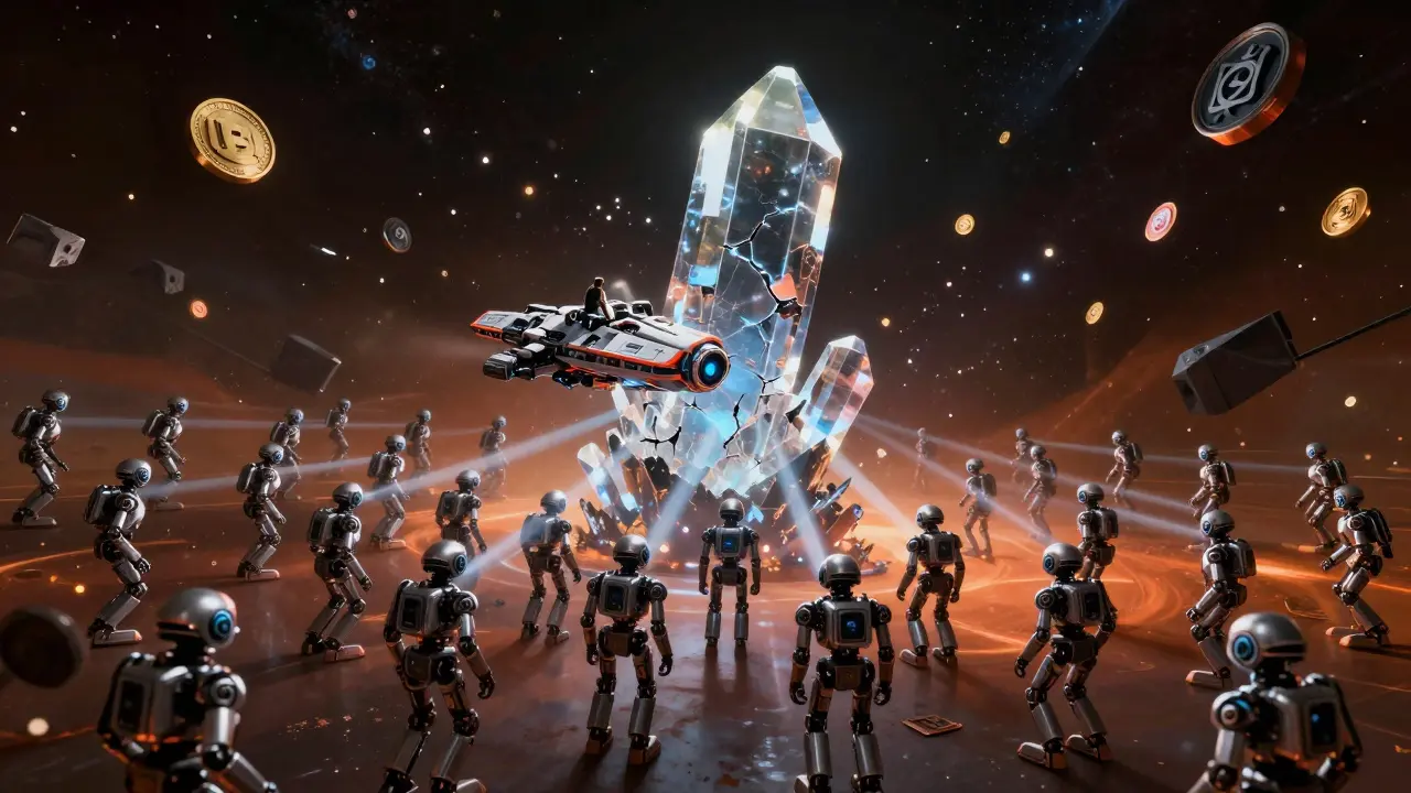 Robot swarm overwhelming a fragile token crystal in deep space