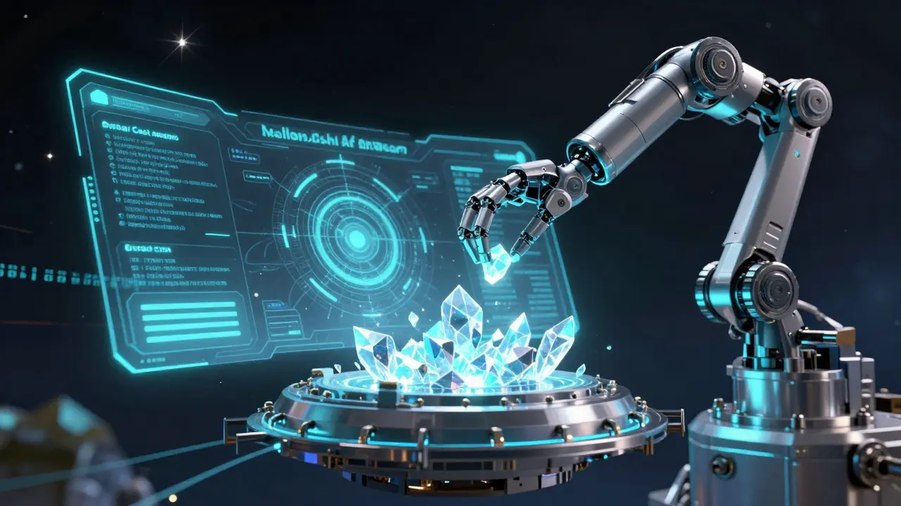 Robotic arm automatically depositing glowing crypto shards into a crystal vault in space.