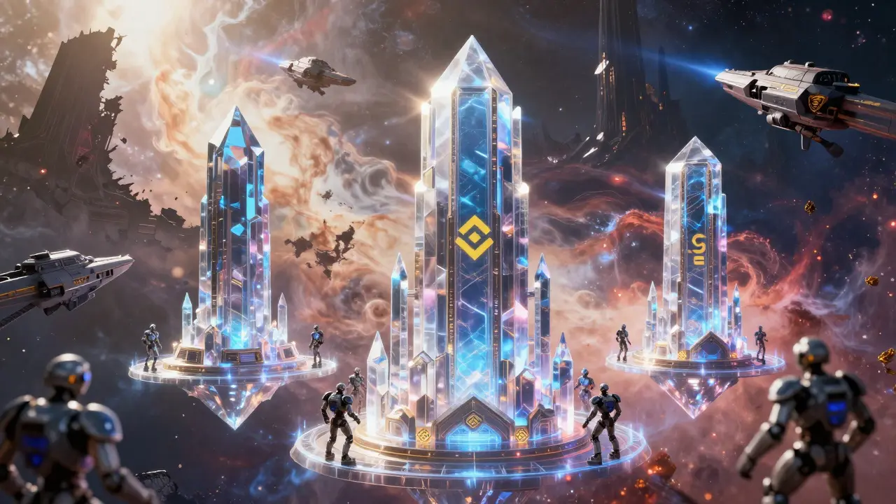 Safe crystal exchange citadels protected from a crumbling fraudulent space station.