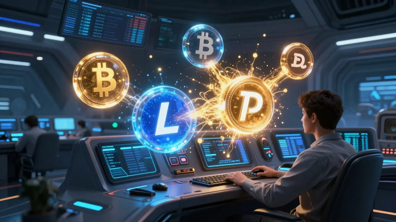 Sci-fi command bridge showing seamless cross-currency swap via floating orbs.