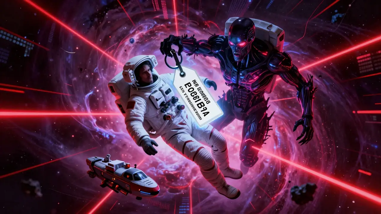 Sci-fi scene of hacker demanding fees to release trapped astronaut in digital trap
