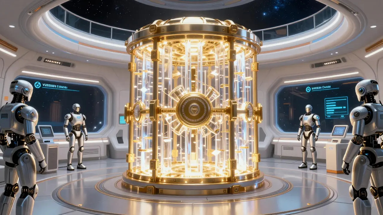 Secure space station vault with robotic guards, representing safe regulated exchanges.