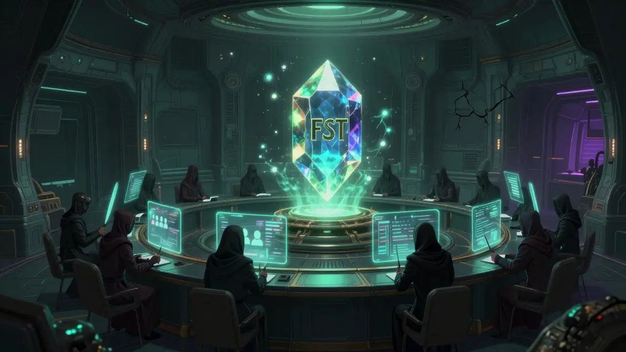 Shadowy council voting on a glowing token in a dark, risky space station chamber.