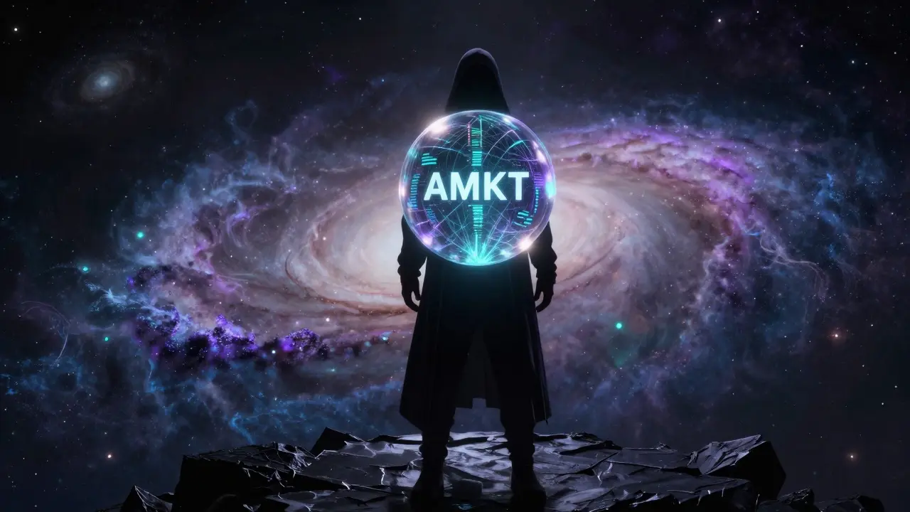 Shadowy figure holding data orb over turbulent galaxy