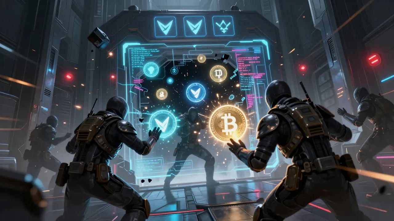 Shadowy hackers breaching a digital security gate and stealing glowing crypto orbs in a sci-fi setting.