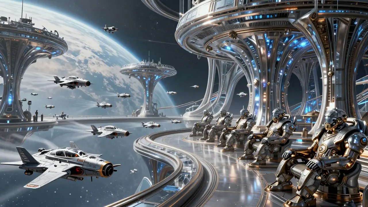 Space battle showing frequent small skirmishes vs massive dormant ships