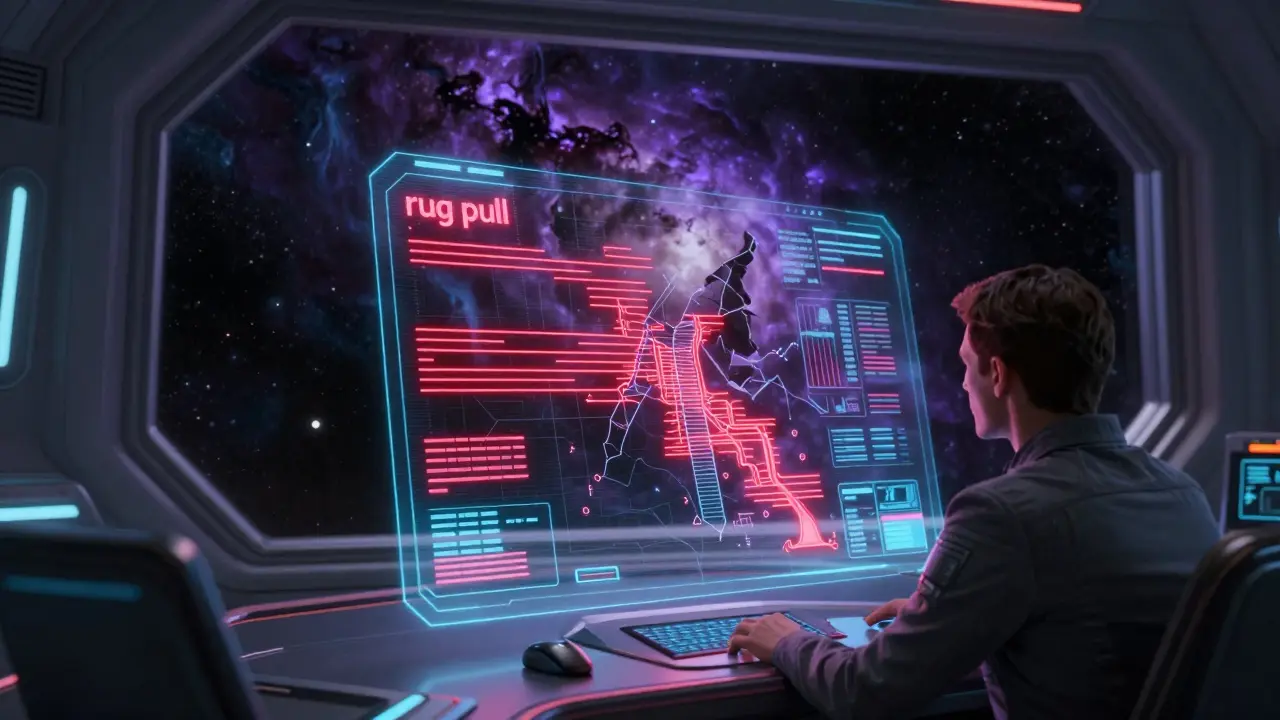 Spaceship crew analyzing red warning signs of a crypto scam