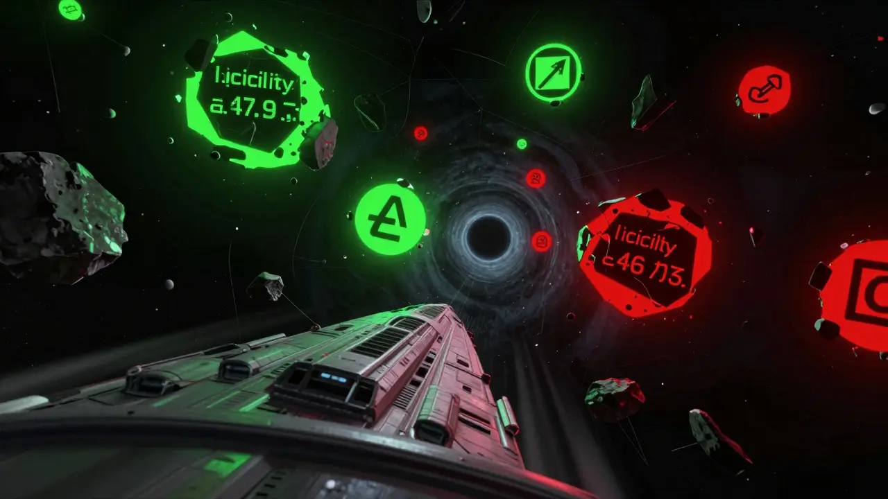 Starship navigating fragmented asteroid fields with price tags