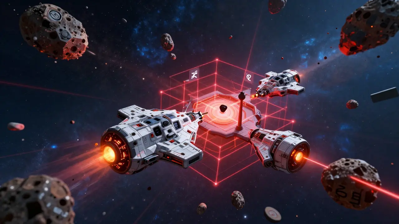 Starships exchanging directly in asteroid field avoiding blockade