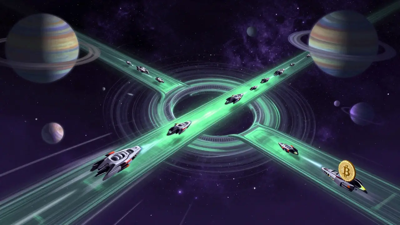 Stealth ships jumping between planets via bridges to hide trails.