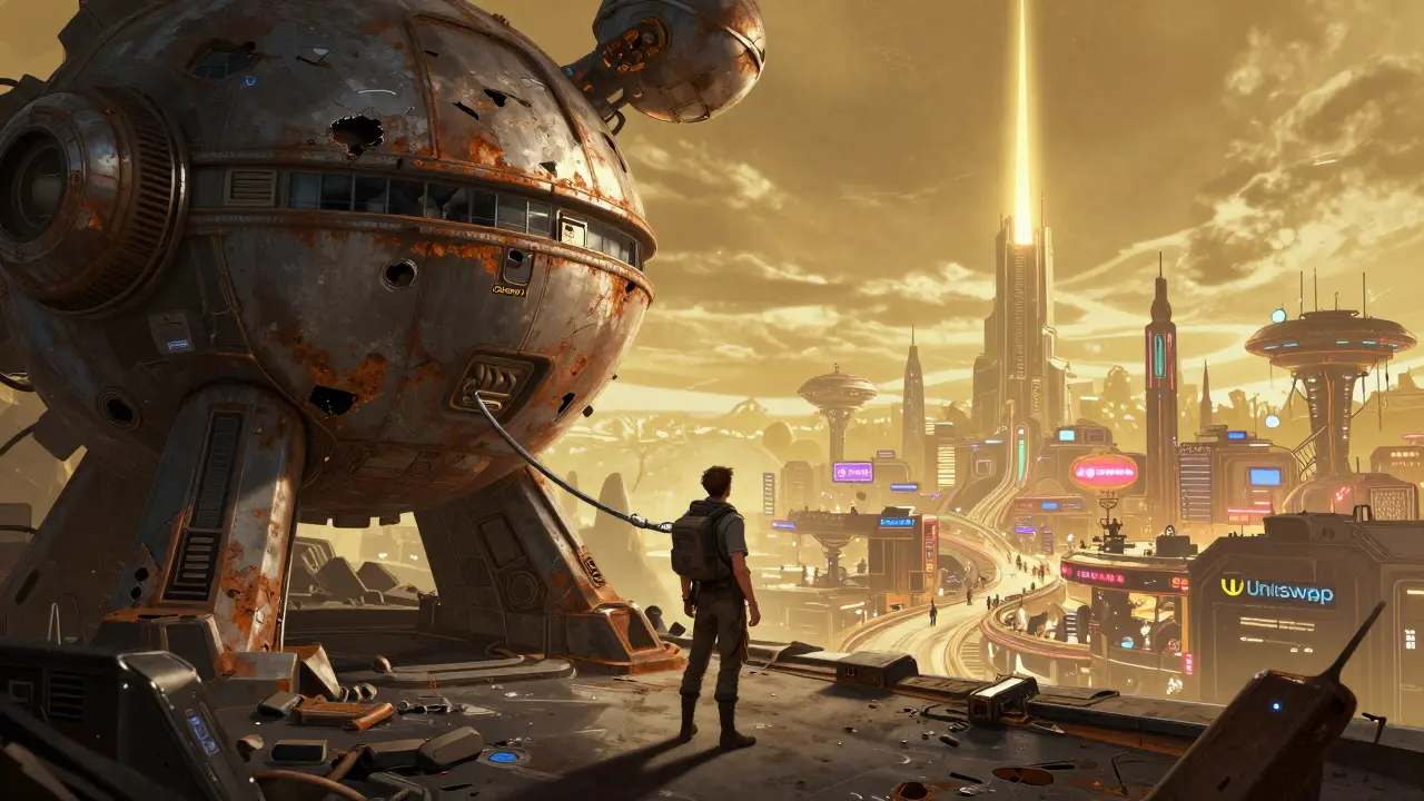 Trader leaving decaying space base for bright, safe futuristic trade hub