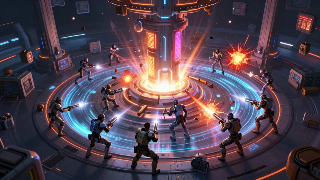 Traders battling on an orbital platform amidst volatile liquidity pools and leverage risks.