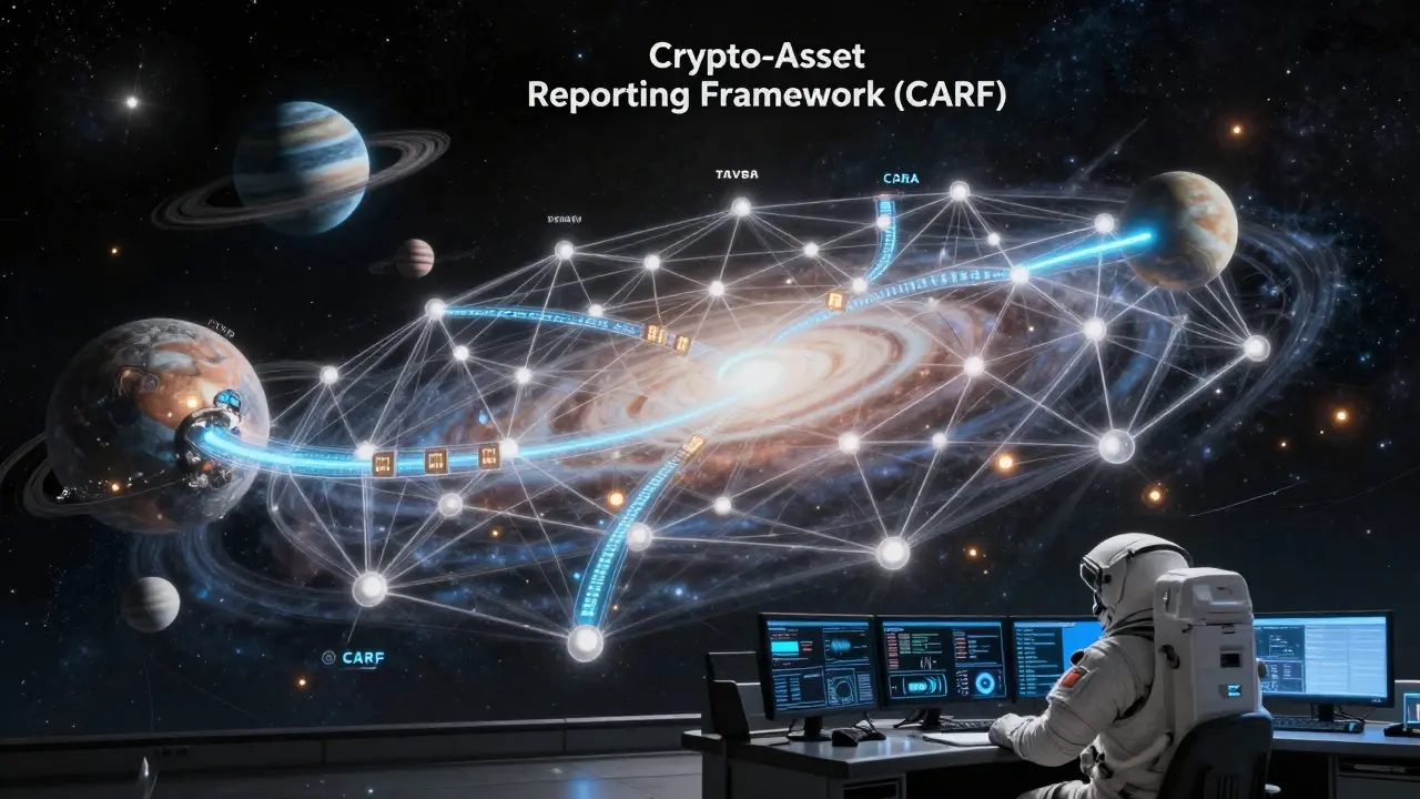 Transparent data network connecting star systems symbolizing global tax reporting.