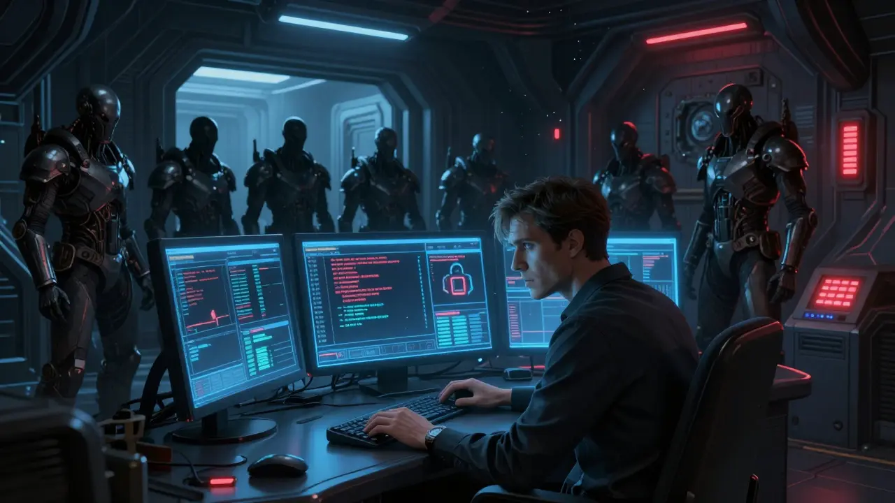 Trapped trader facing blocked exits and error screens in a dark sci-fi control room.