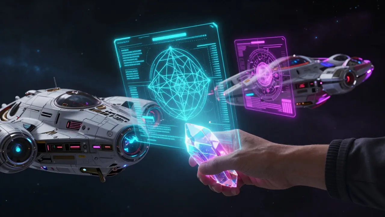 Two spaceships exchanging cryptographic proof holograms for trustless verification.