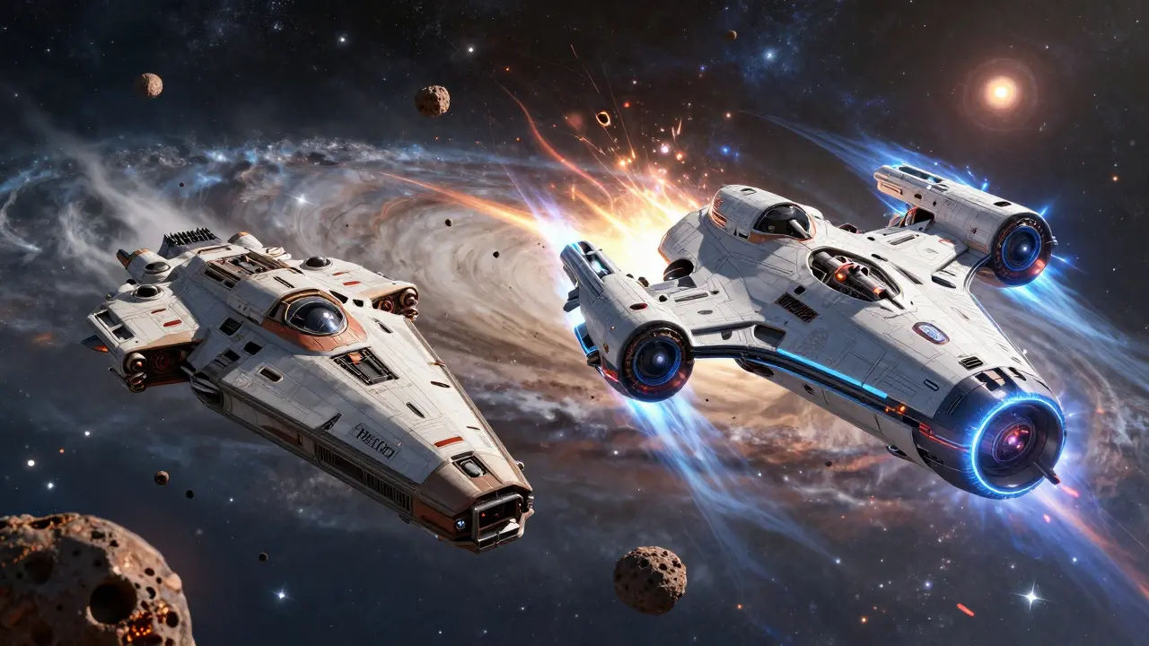 Two spaceships navigating asteroid fields, one adapting dynamically