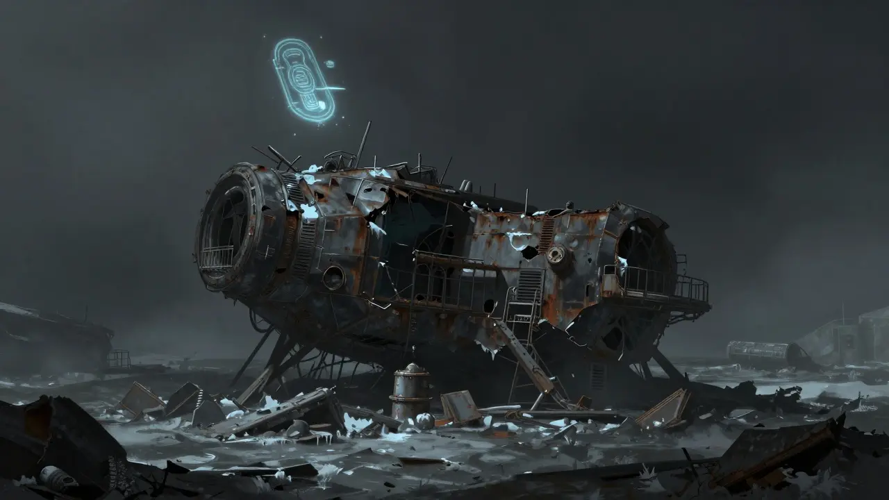 A derelict, abandoned space station symbolizing a dead cryptocurrency project.