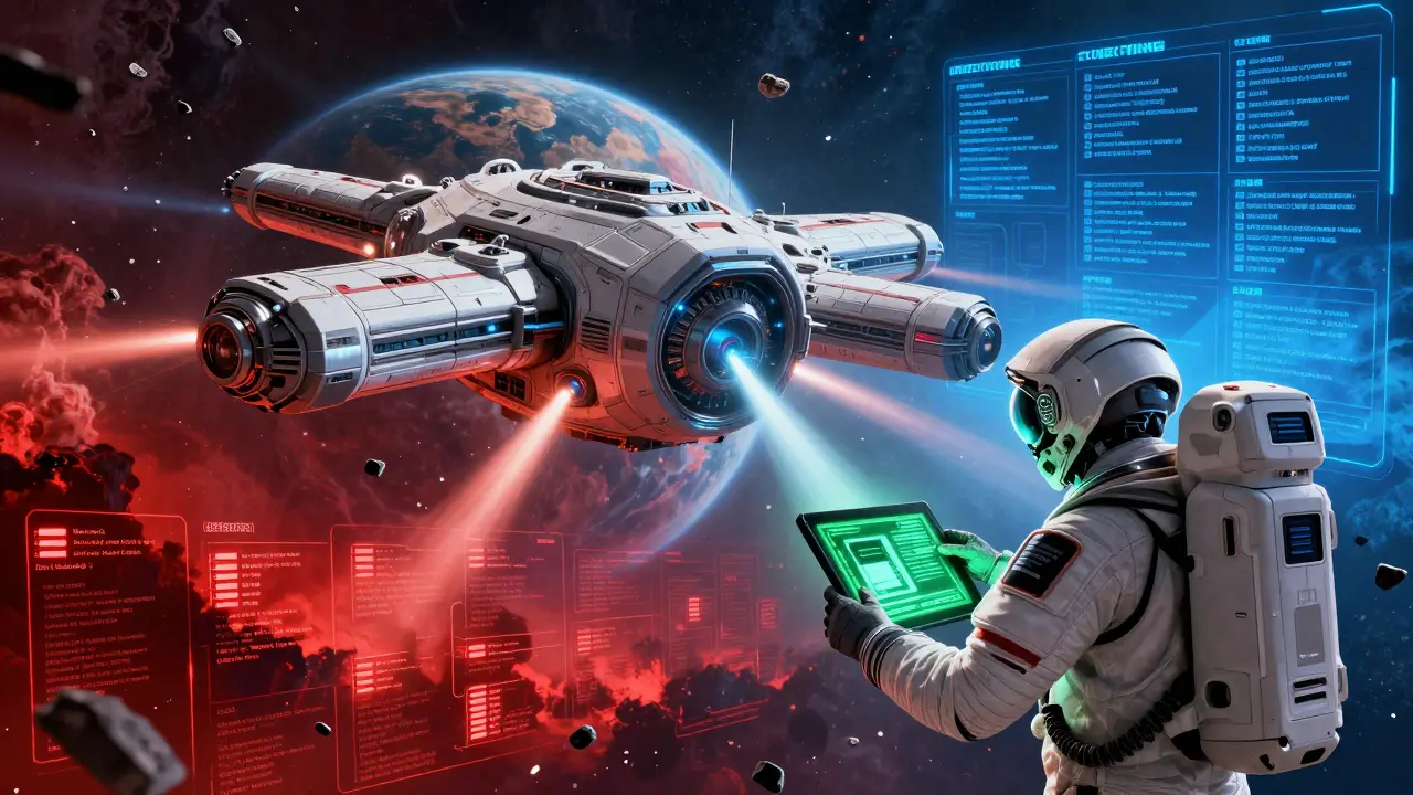 A fortified space station protecting clean data against chaotic, unsafe server storms.