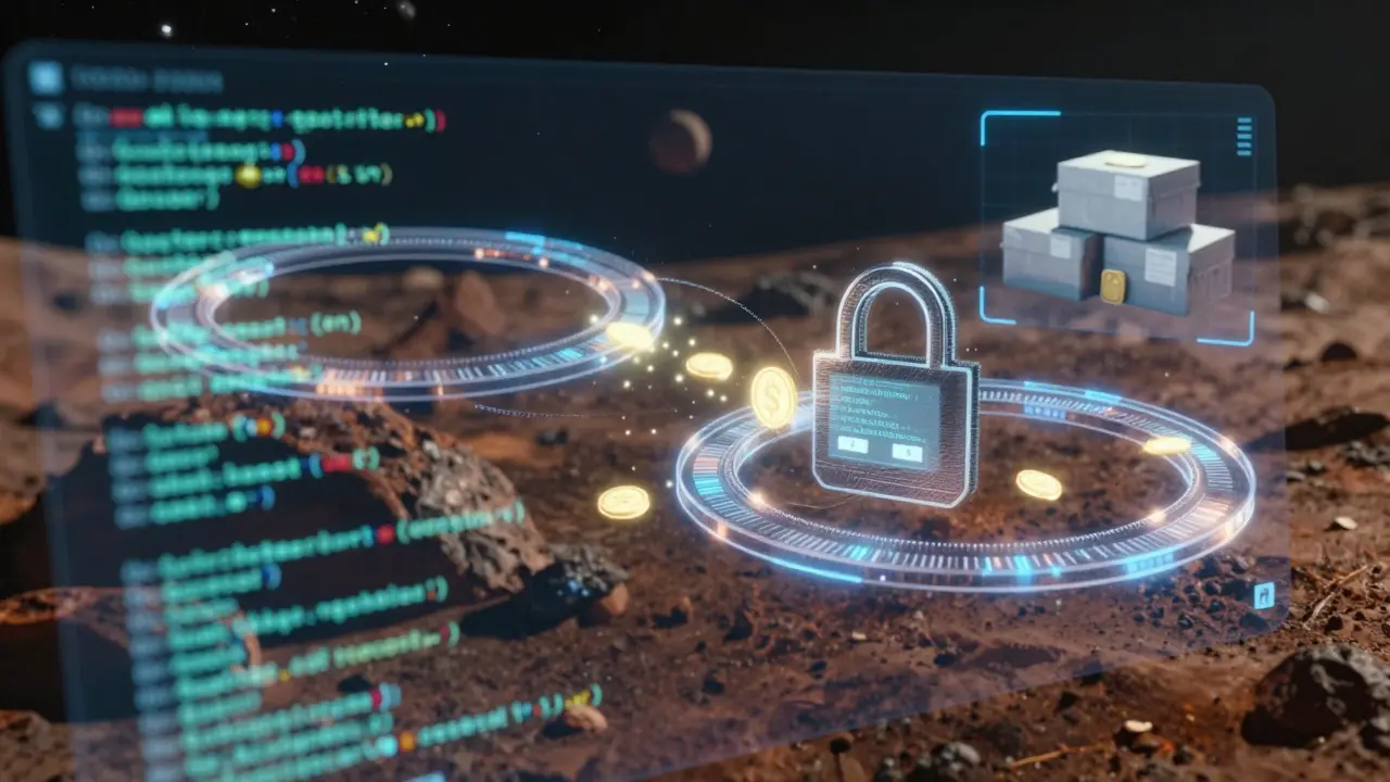 A hyper-realistic sci-fi depiction of automated smart contracts in orbit, using luminous code structures to verify and disburse aid resources to refugee camps on a desolate moon, highlighting the precision and security of blockchain technology.