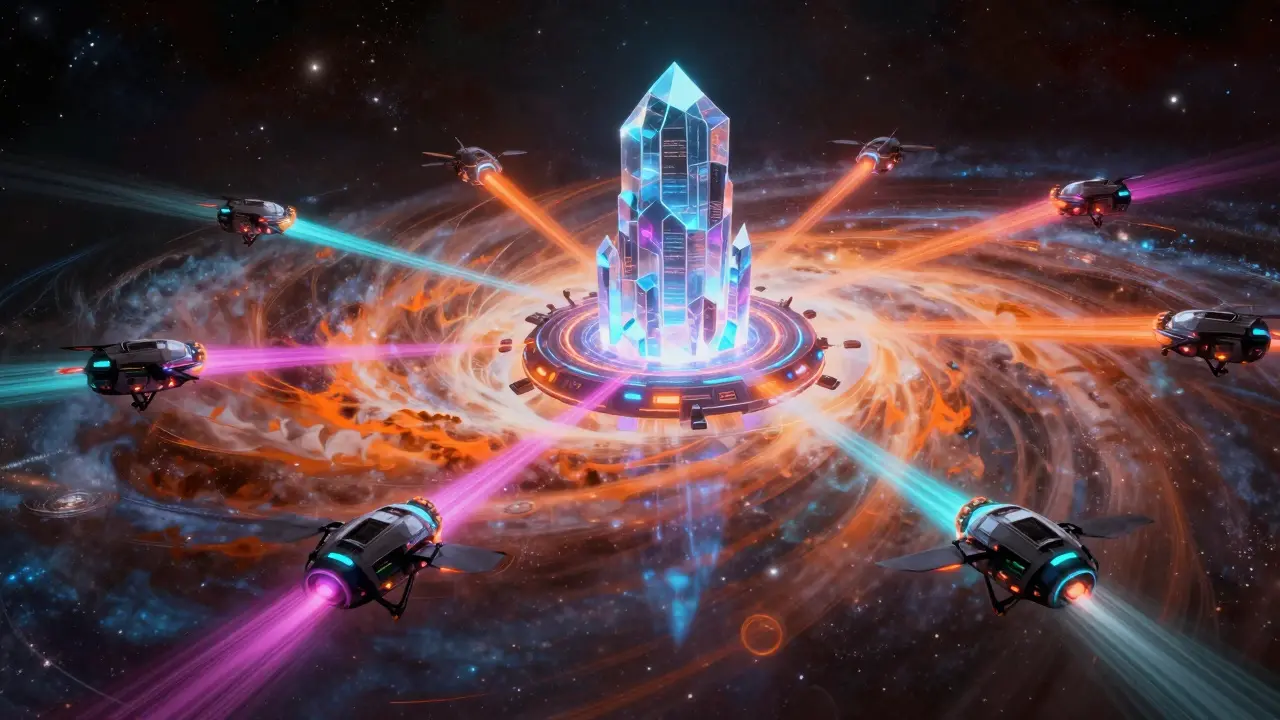 AI core directing automated drone fleet in deep space