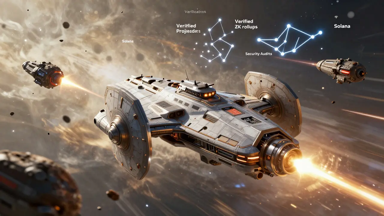 Armored starship using verification shields against scam asteroids in space.