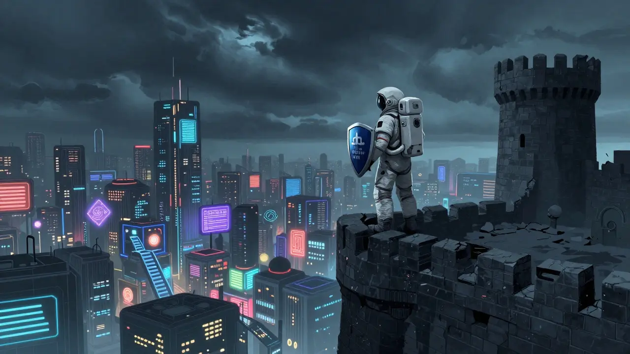 Astronaut guarding a fortress against regulatory storms