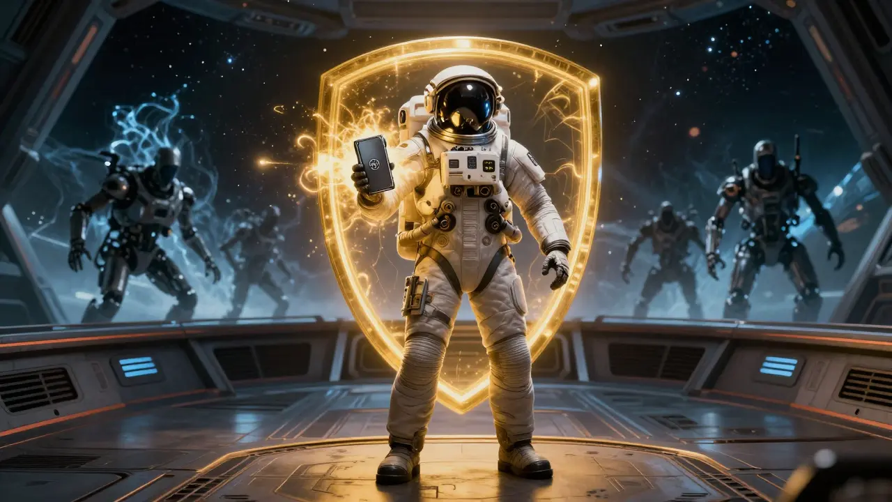 Astronaut protected by a golden energy shield from shadowy hacker entities in deep space.