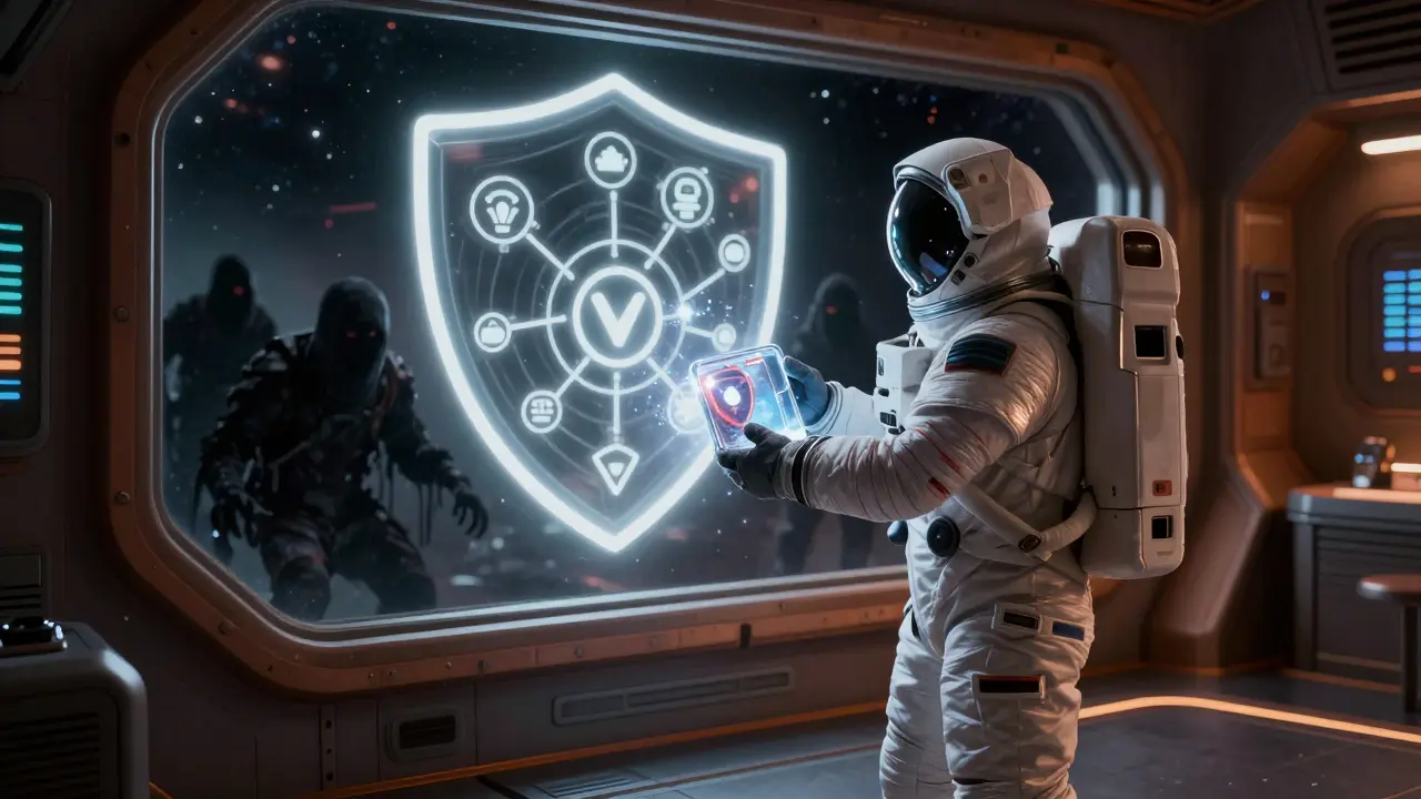 Astronaut protecting crypto wallet from space scammers