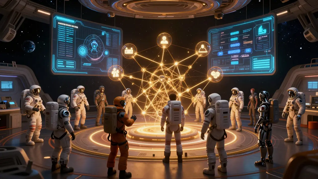Astronauts connecting via golden energy links in a space station