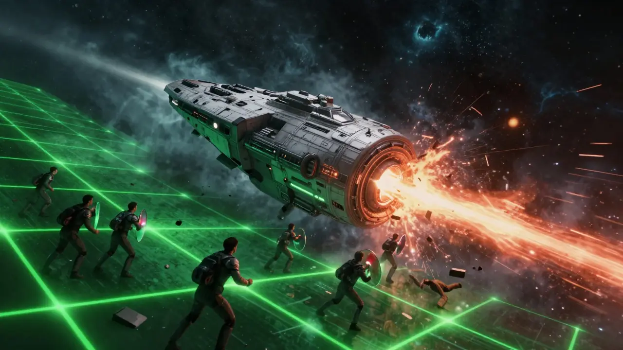 Capital ship struggling against cosmic storms representing impermanent loss